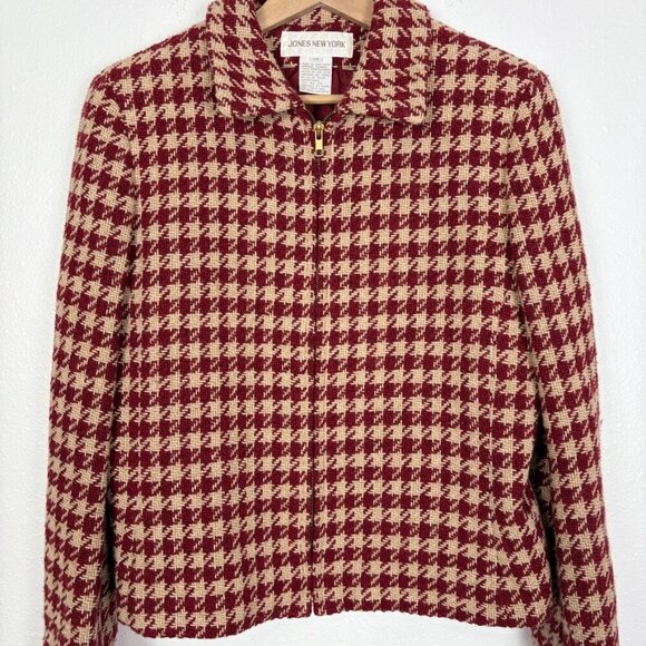 Jones New York Size: 14 VTG Red and Tan Houndstooth Jacket Wool and Alpaca Blend - Picture 3 of 11